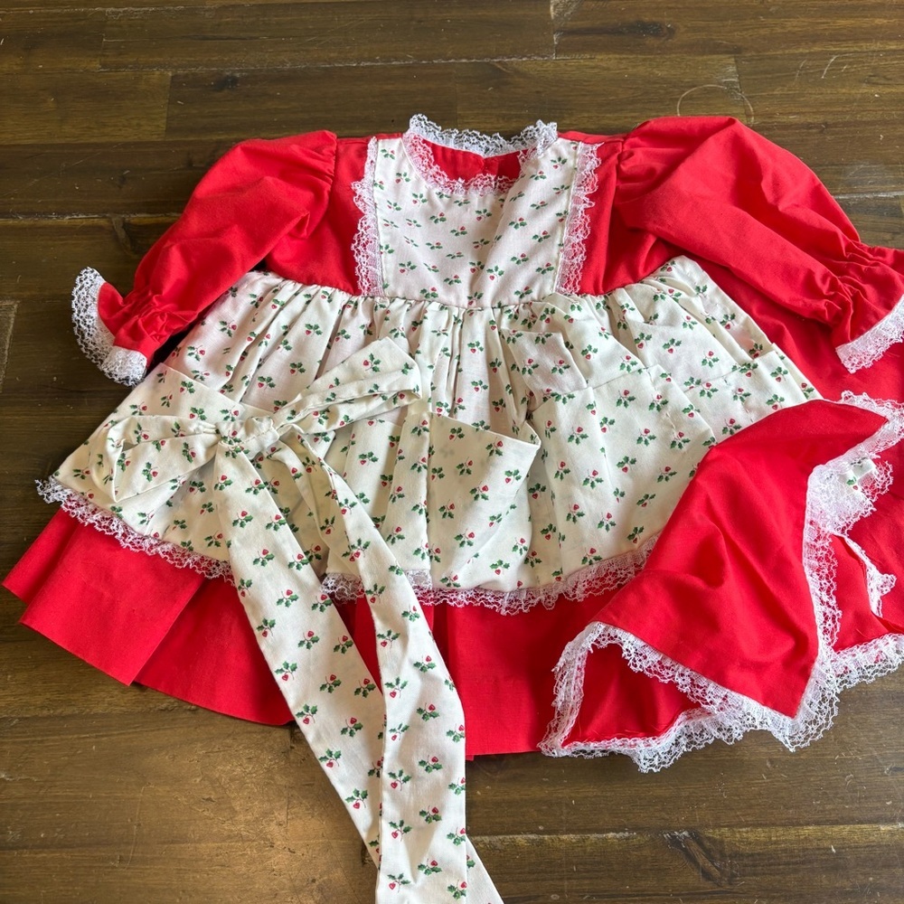 Vintage Hand Made Christmas Dress Red Prairie Lace Ruffle 3-6M Faux Apron Baby